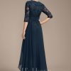 Mother of the Bride Dresses | A-line Collared V-Neck Floor-Length Lace Chiffon Mother of the Bride Dress With Sequins Cascading Ruffles Dark Navy – Womens