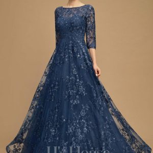 Mother of the Bride Dresses | A-line Illusion Scoop Floor-Length Lace Mother of the Bride Dress With Sequins Navy Blue – Womens