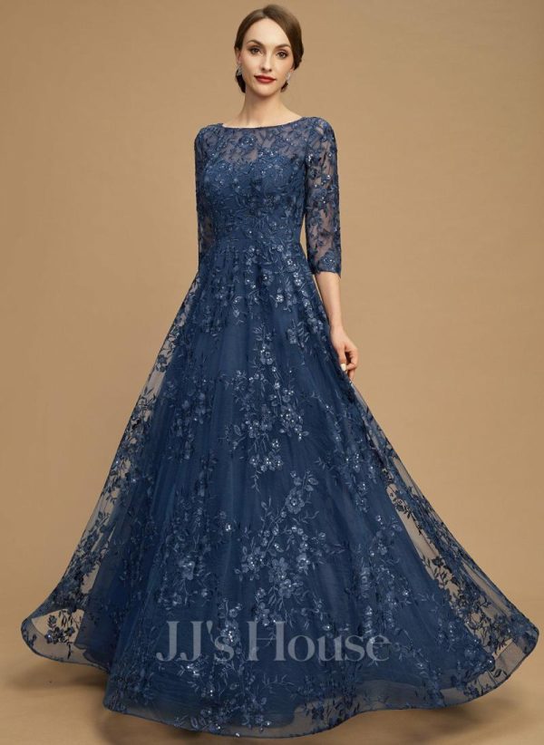 Mother of the Bride Dresses | A-line Illusion Scoop Floor-Length Lace Mother of the Bride Dress With Sequins Navy Blue – Womens