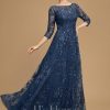 Mother of the Bride Dresses | A-line Illusion Scoop Floor-Length Lace Mother of the Bride Dress With Sequins Navy Blue – Womens