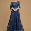 Mother of the Bride Dresses | A-line Illusion Scoop Floor-Length Lace Mother of the Bride Dress With Sequins Navy Blue – Womens