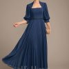 Mother of the Bride Dresses | A-line Queen Anne Ankle-Length Chiffon Mother of the Bride Dress With Sequins Beading Pleated Navy Blue – Womens