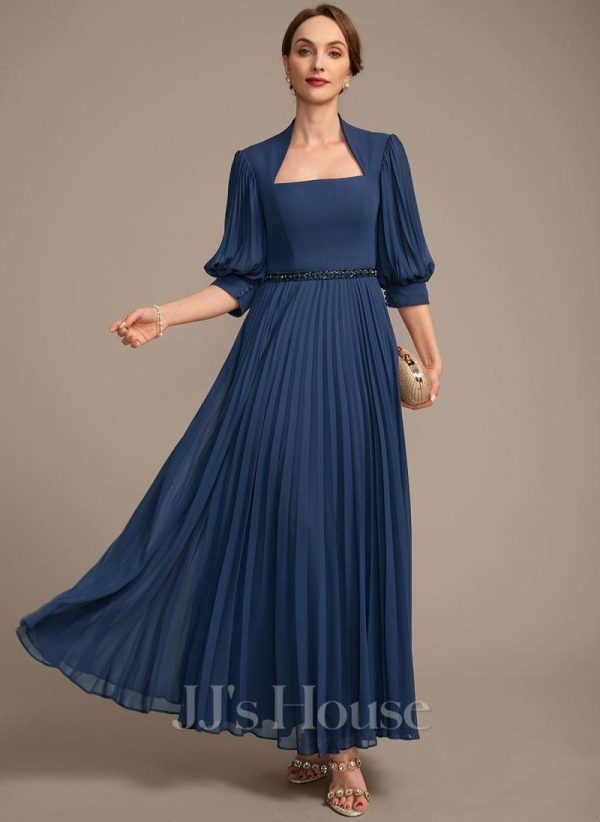 Mother of the Bride Dresses | A-line Queen Anne Ankle-Length Chiffon Mother of the Bride Dress With Sequins Beading Pleated Navy Blue – Womens