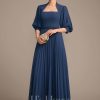 Mother of the Bride Dresses | A-line Queen Anne Ankle-Length Chiffon Mother of the Bride Dress With Sequins Beading Pleated Navy Blue – Womens