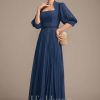 Mother of the Bride Dresses | A-line Queen Anne Ankle-Length Chiffon Mother of the Bride Dress With Sequins Beading Pleated Navy Blue – Womens