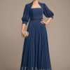 Mother of the Bride Dresses | A-line Queen Anne Ankle-Length Chiffon Mother of the Bride Dress With Sequins Beading Pleated Navy Blue – Womens