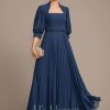 Mother of the Bride Dresses | A-line Queen Anne Ankle-Length Chiffon Mother of the Bride Dress With Sequins Beading Pleated Navy Blue – Womens