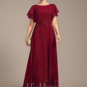 Mother of the Bride Dresses | A-line Scoop Ankle-Length Lace Chiffon Mother of the Bride Dress With Sequins Burgundy – Womens