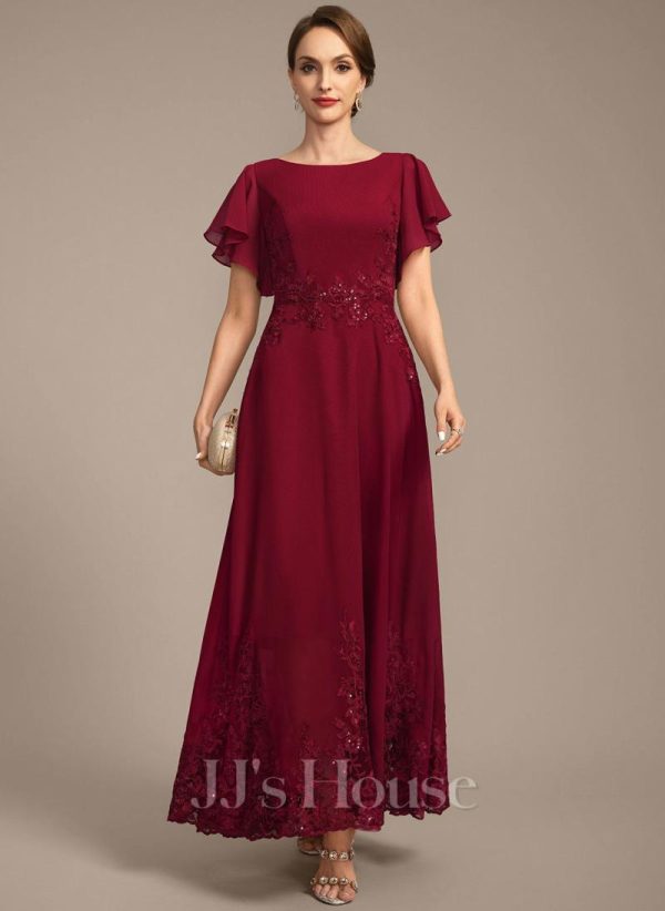 Mother of the Bride Dresses | A-line Scoop Ankle-Length Lace Chiffon Mother of the Bride Dress With Sequins Burgundy – Womens