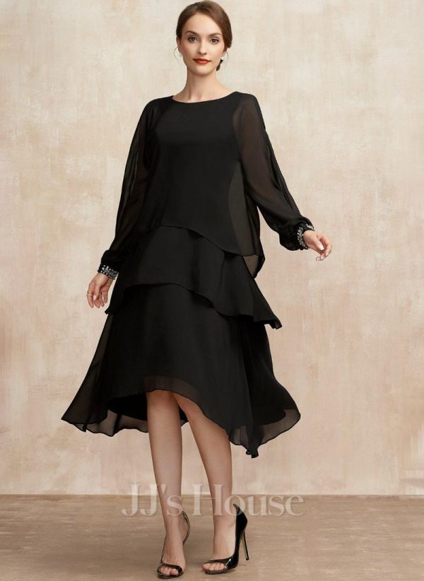 Mother of the Bride Dresses | A-line Scoop Asymmetrical Chiffon Mother of the Bride Dress With Beading Black – Womens