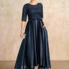 Mother of the Bride Dresses | A-line Scoop Asymmetrical Lace Satin Mother of the Bride Dress With Bow Sequins Dark Navy – Womens