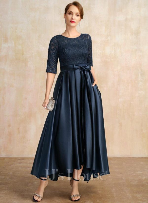 Mother of the Bride Dresses | A-line Scoop Asymmetrical Lace Satin Mother of the Bride Dress With Bow Sequins Dark Navy – Womens