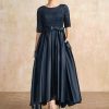 Mother of the Bride Dresses | A-line Scoop Asymmetrical Lace Satin Mother of the Bride Dress With Bow Sequins Dark Navy – Womens