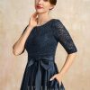 Mother of the Bride Dresses | A-line Scoop Asymmetrical Lace Satin Mother of the Bride Dress With Bow Sequins Dark Navy – Womens