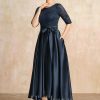 Mother of the Bride Dresses | A-line Scoop Asymmetrical Lace Satin Mother of the Bride Dress With Bow Sequins Dark Navy – Womens