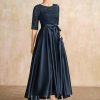 Mother of the Bride Dresses | A-line Scoop Asymmetrical Lace Satin Mother of the Bride Dress With Bow Sequins Dark Navy – Womens