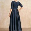 Mother of the Bride Dresses | A-line Scoop Asymmetrical Lace Satin Mother of the Bride Dress With Bow Sequins Dark Navy – Womens