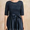 Mother of the Bride Dresses | A-line Scoop Asymmetrical Lace Satin Mother of the Bride Dress With Bow Sequins Dark Navy – Womens