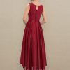 Mother of the Bride Dresses | A-line Scoop Asymmetrical Satin Lace Mother of the Bride Dress With Sequins Burgundy – Womens