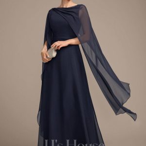 Mother of the Bride Dresses | A-line Scoop Floor-Length Chiffon Mother of the Bride Dress With Bow Pleated As Picture – Womens