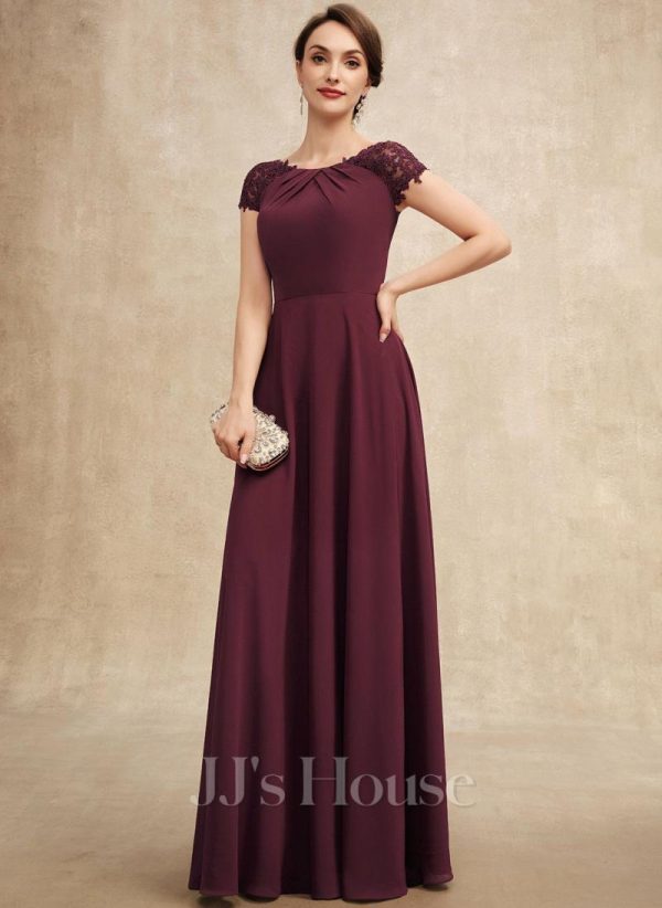 Mother of the Bride Dresses | A-line Scoop Floor-Length Chiffon Mother of the Bride Dress With Pleated Appliques Lace Cabernet – Womens