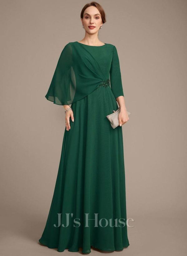 Mother of the Bride Dresses | A-line Scoop Floor-Length Chiffon Mother of the Bride Dress With Pleated Beading Dark Green – Womens