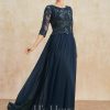 Mother of the Bride Dresses | A-line Scoop Floor-Length Lace Chiffon Mother of the Bride Dress With Sequins Dark Navy – Womens