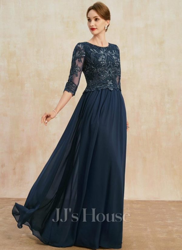 Mother of the Bride Dresses | A-line Scoop Floor-Length Lace Chiffon Mother of the Bride Dress With Sequins Dark Navy – Womens