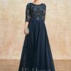 Mother of the Bride Dresses | A-line Scoop Floor-Length Lace Chiffon Mother of the Bride Dress With Sequins Dark Navy – Womens