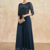 Mother of the Bride Dresses | A-line Scoop Floor-Length Lace Chiffon Mother of the Bride Dress With Sequins Dark Navy – Womens