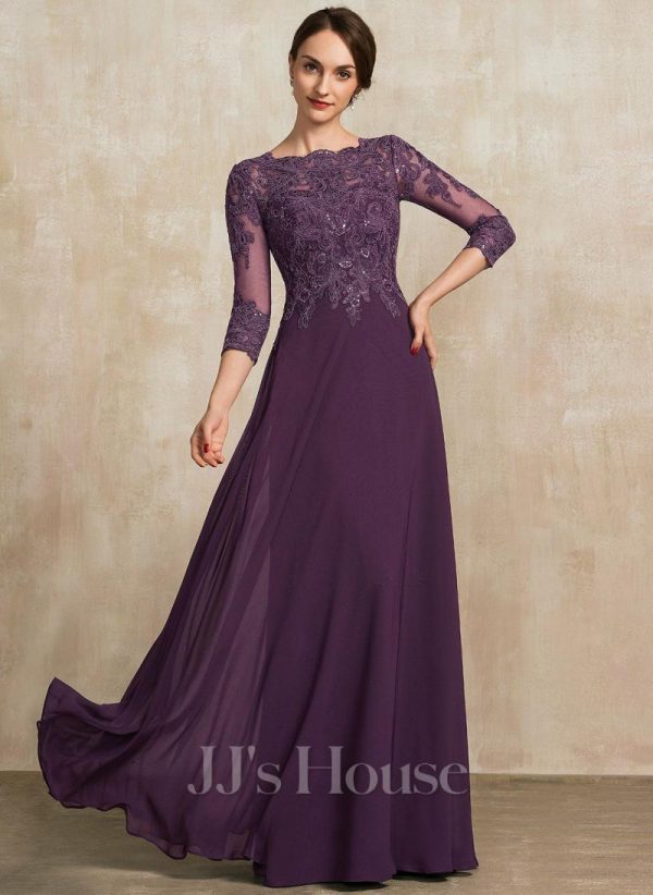 Mother of the Bride Dresses | A-line Scoop Floor-Length Lace Chiffon Mother of the Bride Dress With Sequins Grape – Womens