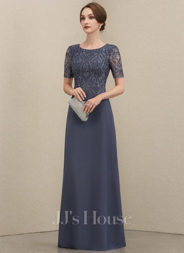 Mother of the Bride Dresses | A-line Scoop Floor-Length Lace Chiffon Mother of the Bride Dress With Sequins Stormy – Womens