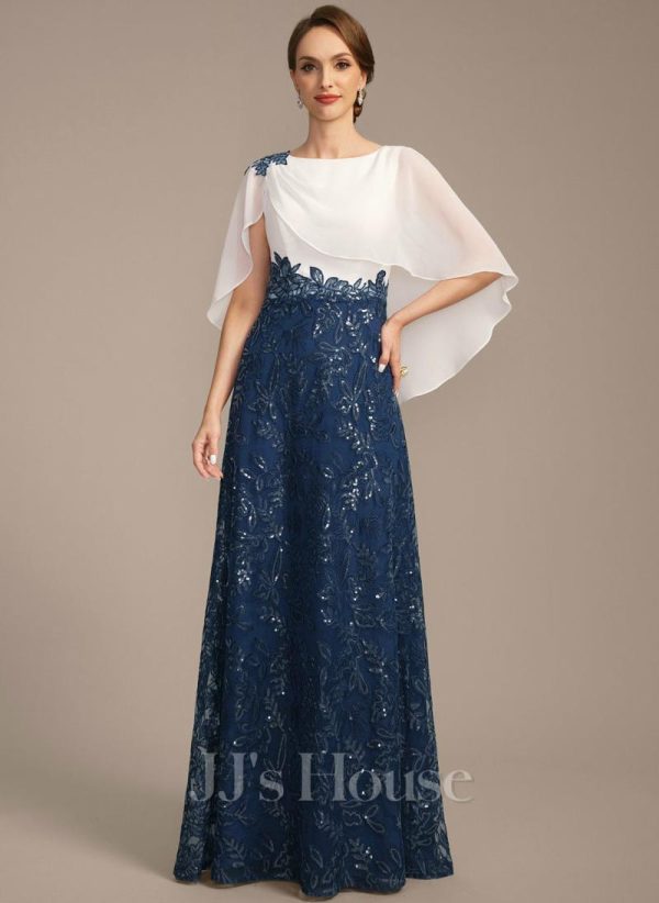 Mother of the Bride Dresses | A-line Scoop Floor-Length Lace Chiffon Sequin Mother of the Bride Dress With Pleated Navy Blue – Womens