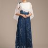 Mother of the Bride Dresses | A-line Scoop Floor-Length Lace Chiffon Sequin Mother of the Bride Dress With Pleated Navy Blue – Womens