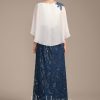 Mother of the Bride Dresses | A-line Scoop Floor-Length Lace Chiffon Sequin Mother of the Bride Dress With Pleated Navy Blue – Womens