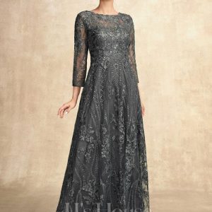 Mother of the Bride Dresses | A-line Scoop Floor-Length Lace Mother of the Bride Dress With Sequins Steel Grey – Womens