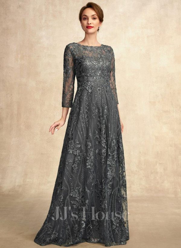 Mother of the Bride Dresses | A-line Scoop Floor-Length Lace Mother of the Bride Dress With Sequins Steel Grey – Womens