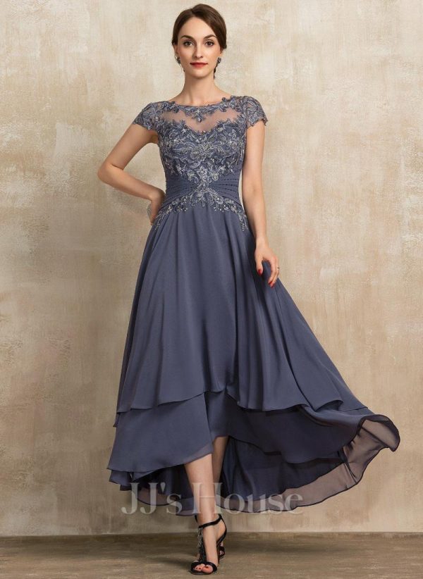 Mother of the Bride Dresses | A-line Scoop Illusion Asymmetrical Chiffon Lace Mother of the Bride Dress With Beading Stormy – Womens