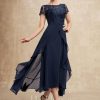 Mother of the Bride Dresses | A-line Scoop Illusion Asymmetrical Chiffon Lace Mother of the Bride Dress With Bow Ruffle Sequins As Picture – Womens