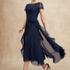 Mother of the Bride Dresses | A-line Scoop Illusion Asymmetrical Chiffon Lace Mother of the Bride Dress With Bow Ruffle Sequins As Picture – Womens