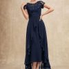 Mother of the Bride Dresses | A-line Scoop Illusion Asymmetrical Chiffon Lace Mother of the Bride Dress With Bow Ruffle Sequins As Picture – Womens