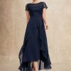 Mother of the Bride Dresses | A-line Scoop Illusion Asymmetrical Chiffon Lace Mother of the Bride Dress With Bow Ruffle Sequins As Picture – Womens