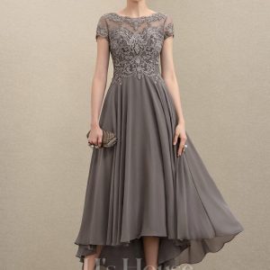 Mother of the Bride Dresses | A-line Scoop Illusion Asymmetrical Chiffon Lace Mother of the Bride Dress With Sequins Beading As Picture – Womens