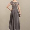 Mother of the Bride Dresses | A-line Scoop Illusion Asymmetrical Chiffon Lace Mother of the Bride Dress With Sequins Beading As Picture – Womens