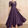 Mother of the Bride Dresses | A-line Scoop Illusion Asymmetrical Chiffon Lace Mother of the Bride Dress With Sequins Plum – Womens