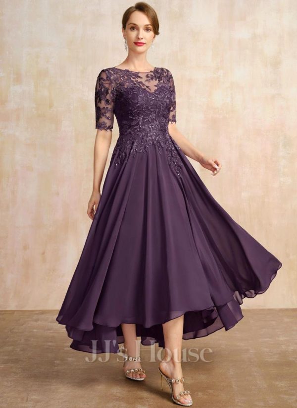 Mother of the Bride Dresses | A-line Scoop Illusion Asymmetrical Chiffon Lace Mother of the Bride Dress With Sequins Plum – Womens