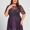 Mother of the Bride Dresses | A-line Scoop Illusion Asymmetrical Chiffon Lace Mother of the Bride Dress With Sequins Plum – Womens