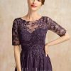 Mother of the Bride Dresses | A-line Scoop Illusion Asymmetrical Chiffon Lace Mother of the Bride Dress With Sequins Plum – Womens