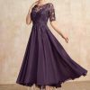 Mother of the Bride Dresses | A-line Scoop Illusion Asymmetrical Chiffon Lace Mother of the Bride Dress With Sequins Plum – Womens