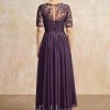 Mother of the Bride Dresses | A-line Scoop Illusion Asymmetrical Chiffon Lace Mother of the Bride Dress With Sequins Plum – Womens